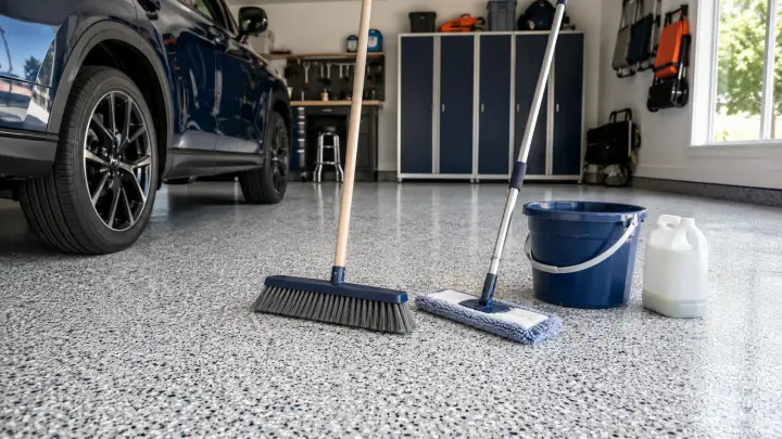 Soft broom, microfiber mop, bucket, and neutral cleaner on a finished coated garage floor.