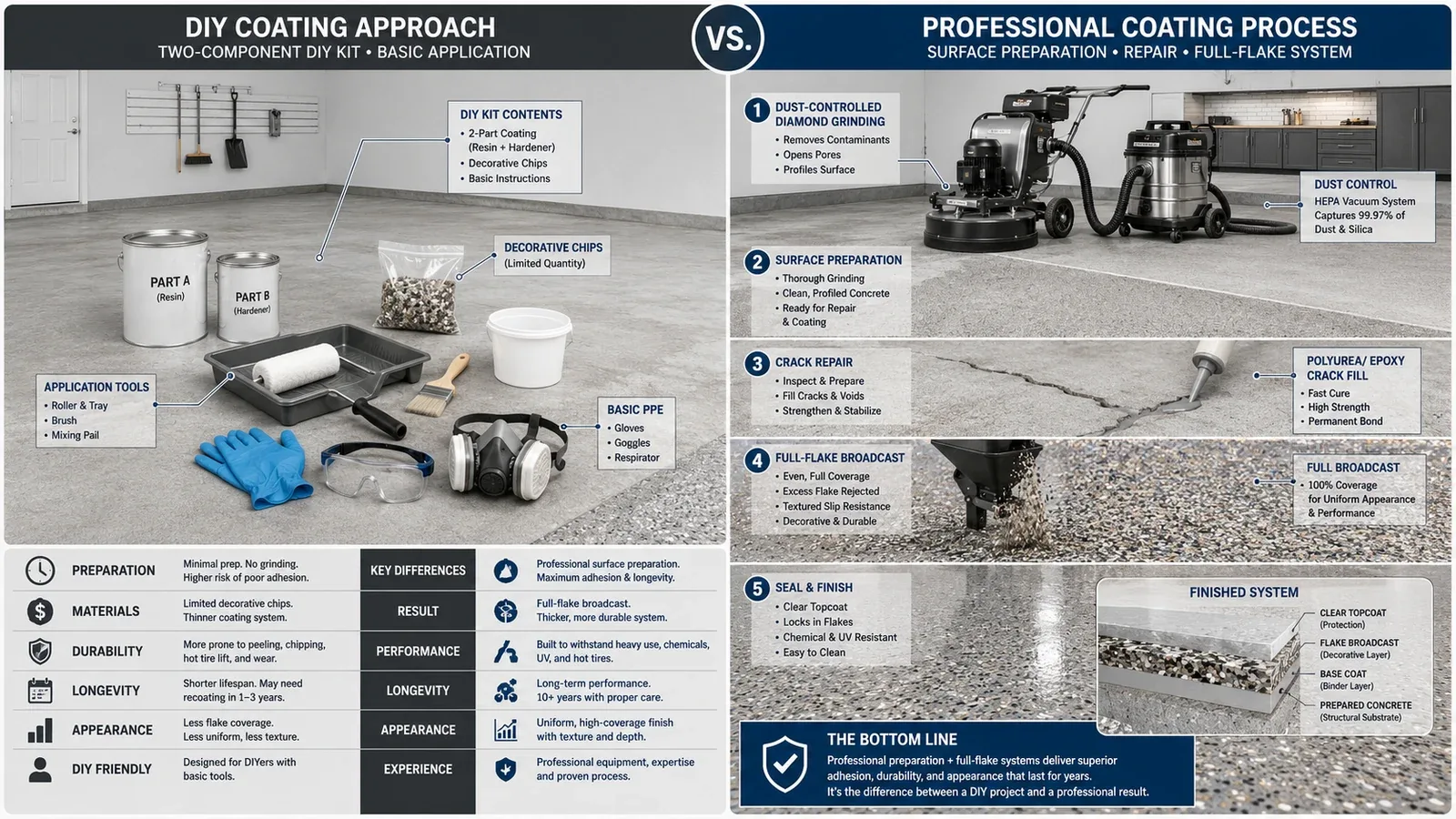 Infographic comparing a DIY garage floor coating kit with professional grinding, repair, full-flake, and topcoat steps.