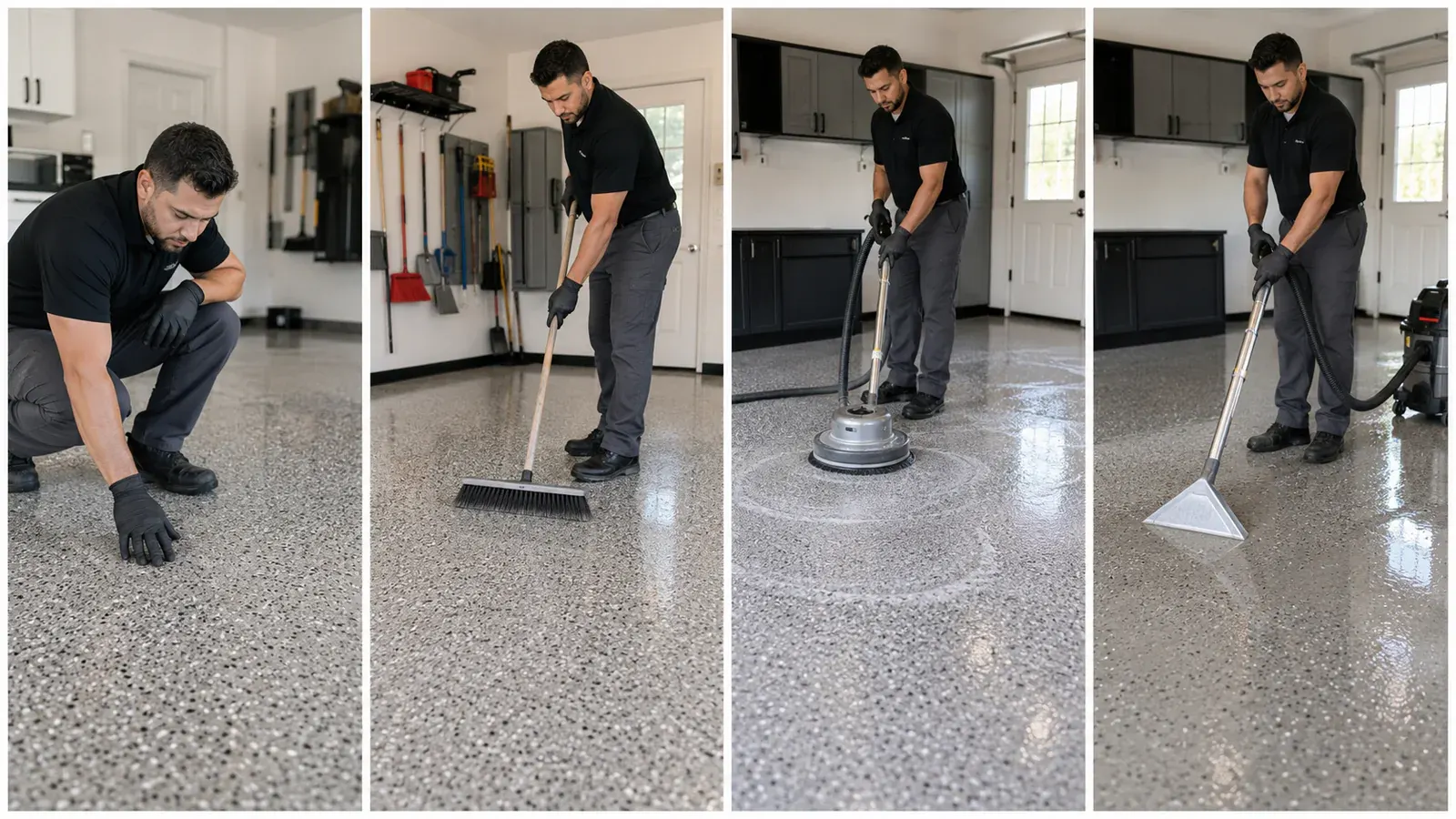 AI four-panel illustration of coated-floor inspection, dry-soil removal, machine scrubbing, and wet extraction