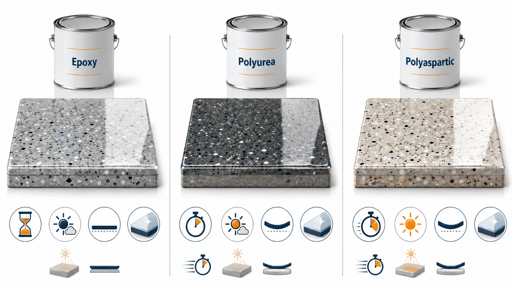 Epoxy, polyurea, and polyaspartic coating sample panels with visual cues for cure speed, UV stability, flexibility, and clear finish.