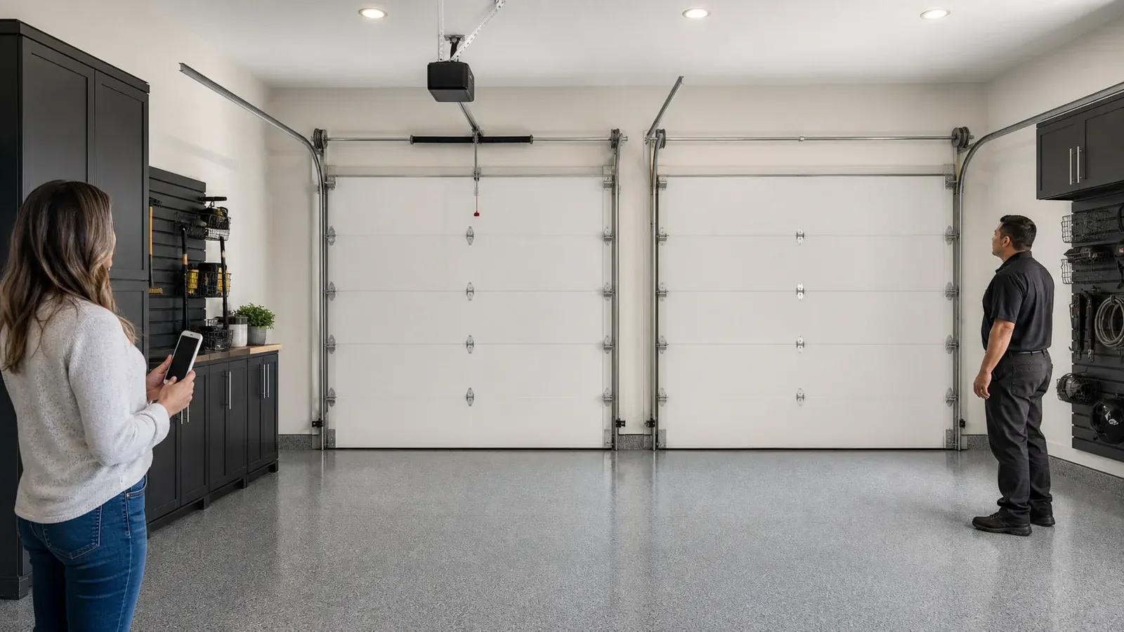 AI planning illustration of a finished garage with a coated floor, organized storage, lighting, an opener, and clear garage door service areas.