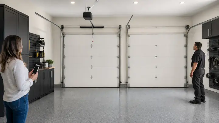 AI planning illustration of a finished garage with a coated floor, organized storage, lighting, an opener, and clear garage door service areas.