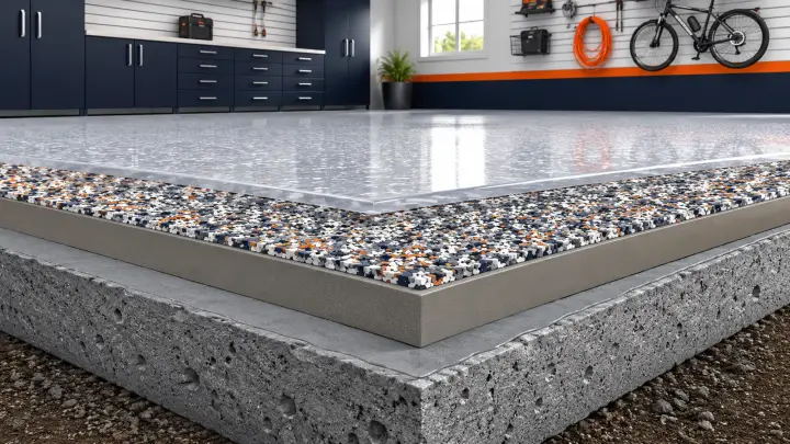 Cutaway of a full-flake garage floor coating system over prepared concrete.
