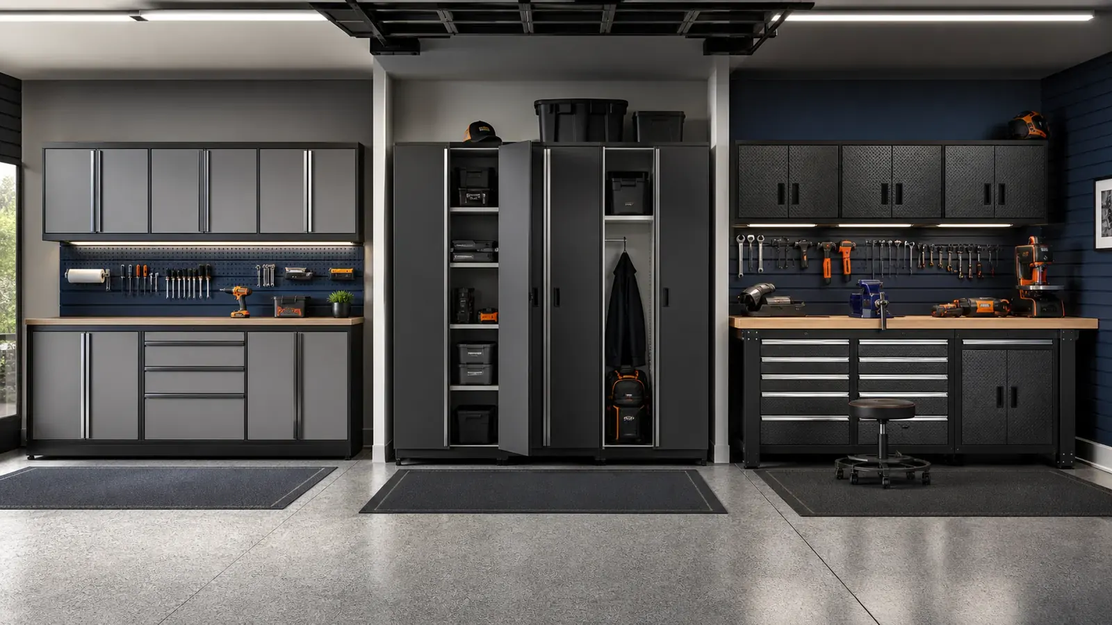 Three brand-neutral garage cabinet layouts progressing from compact standard depth to deep storage and a heavy-duty workshop.