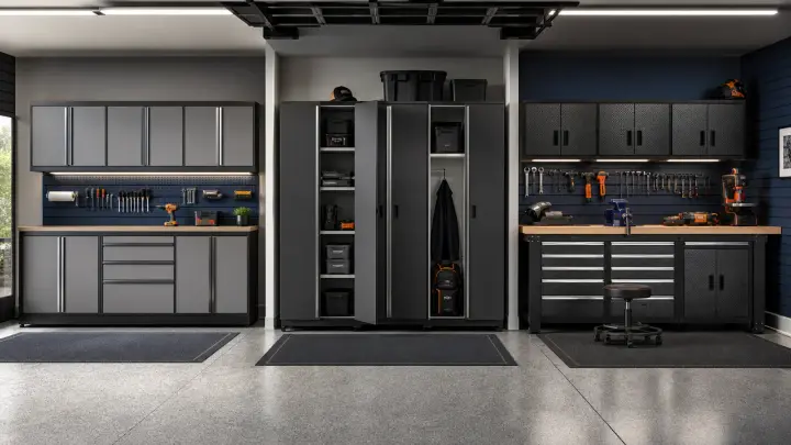 Three brand-neutral garage cabinet layouts progressing from compact standard depth to deep storage and a heavy-duty workshop.