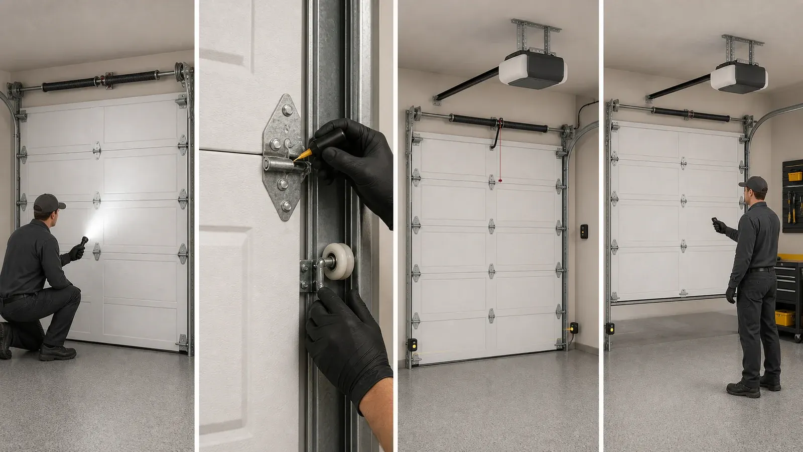 AI four-stage illustration of garage door inspection, hinge and roller maintenance, opener and sensor checks, and final testing