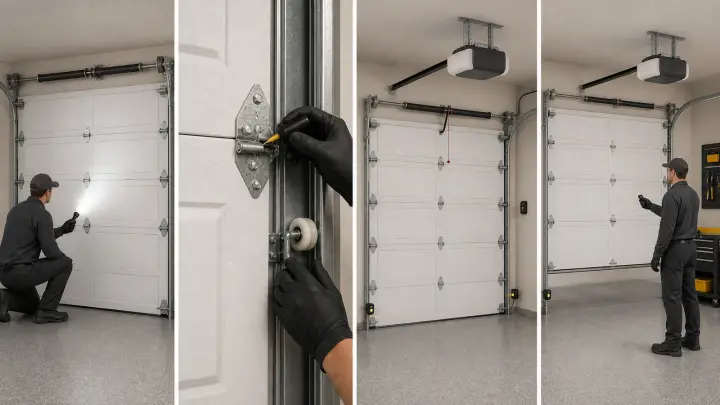 AI four-stage illustration of garage door inspection, routine hinge and roller care, opener and sensor checks, and final testing.