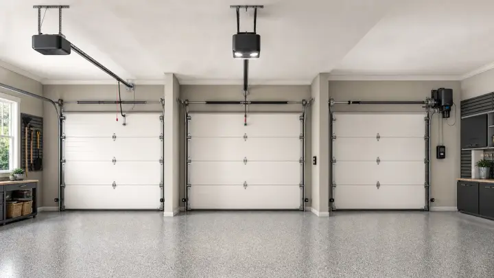AI comparison of generic ceiling-mounted chain-drive and belt-drive openers with a wall-mount residential opener layout.