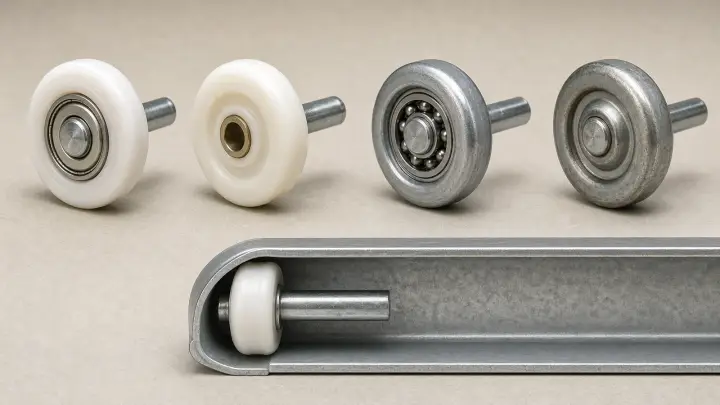 AI technical comparison of nylon and steel garage door rollers with bearing and bushing examples beside a track section.