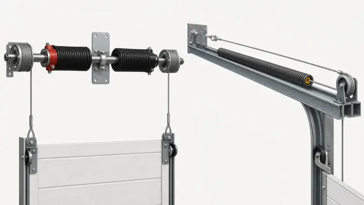 AI technical comparison of a torsion spring and cable-drum assembly with an extension spring, pulley, and containment cable assembly.