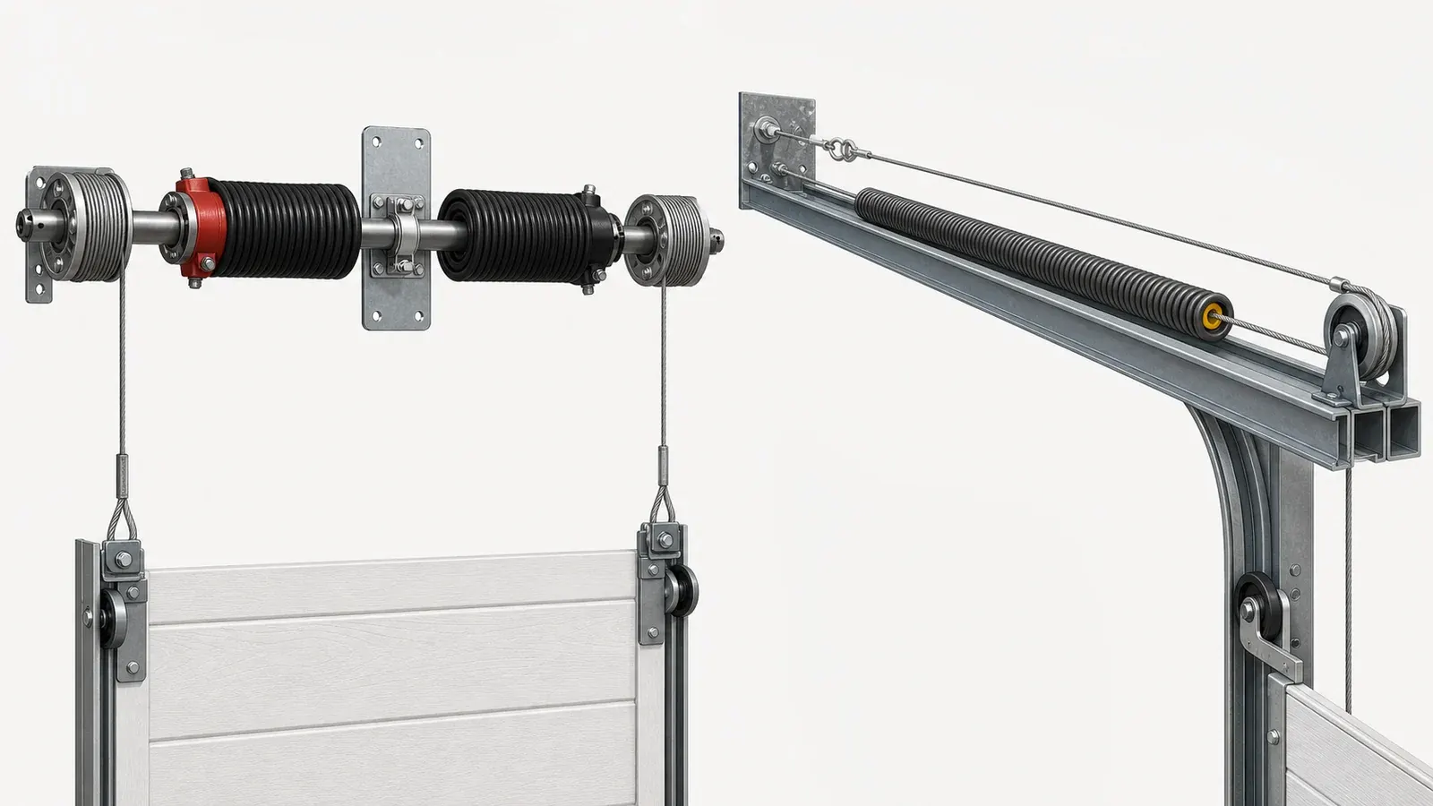 AI technical comparison of a torsion spring and cable-drum assembly with an extension spring, pulley, and containment cable assembly.