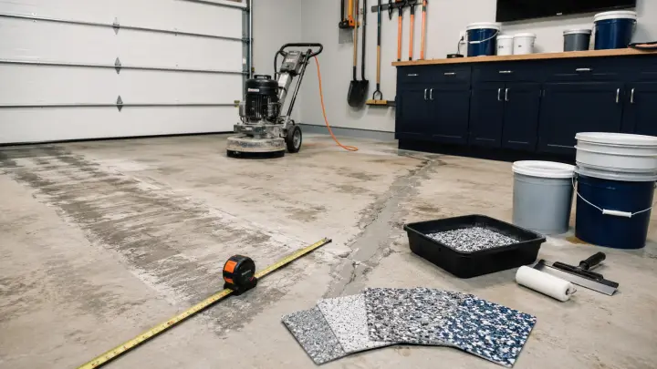 Garage floor coating preparation with grinder, crack repair, measurements, flake samples, and coating materials.