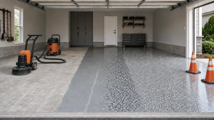 Garage floor progressing from ground concrete through base coat, decorative flake, and clear topcoat.