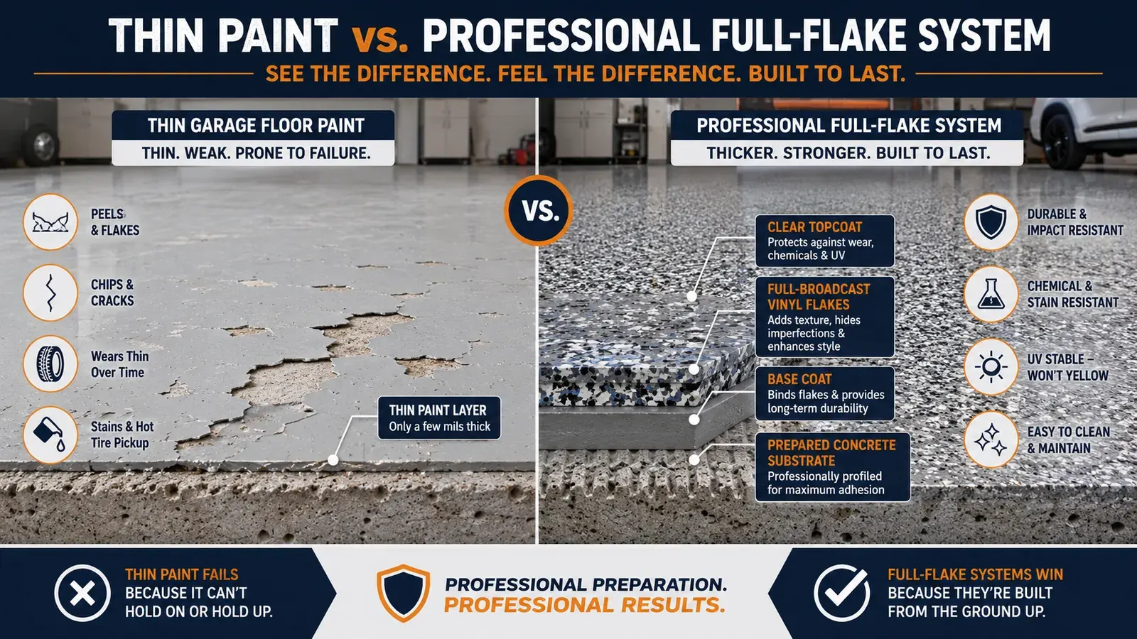 Thin garage floor paint compared with a layered full-flake professional garage floor coating system.