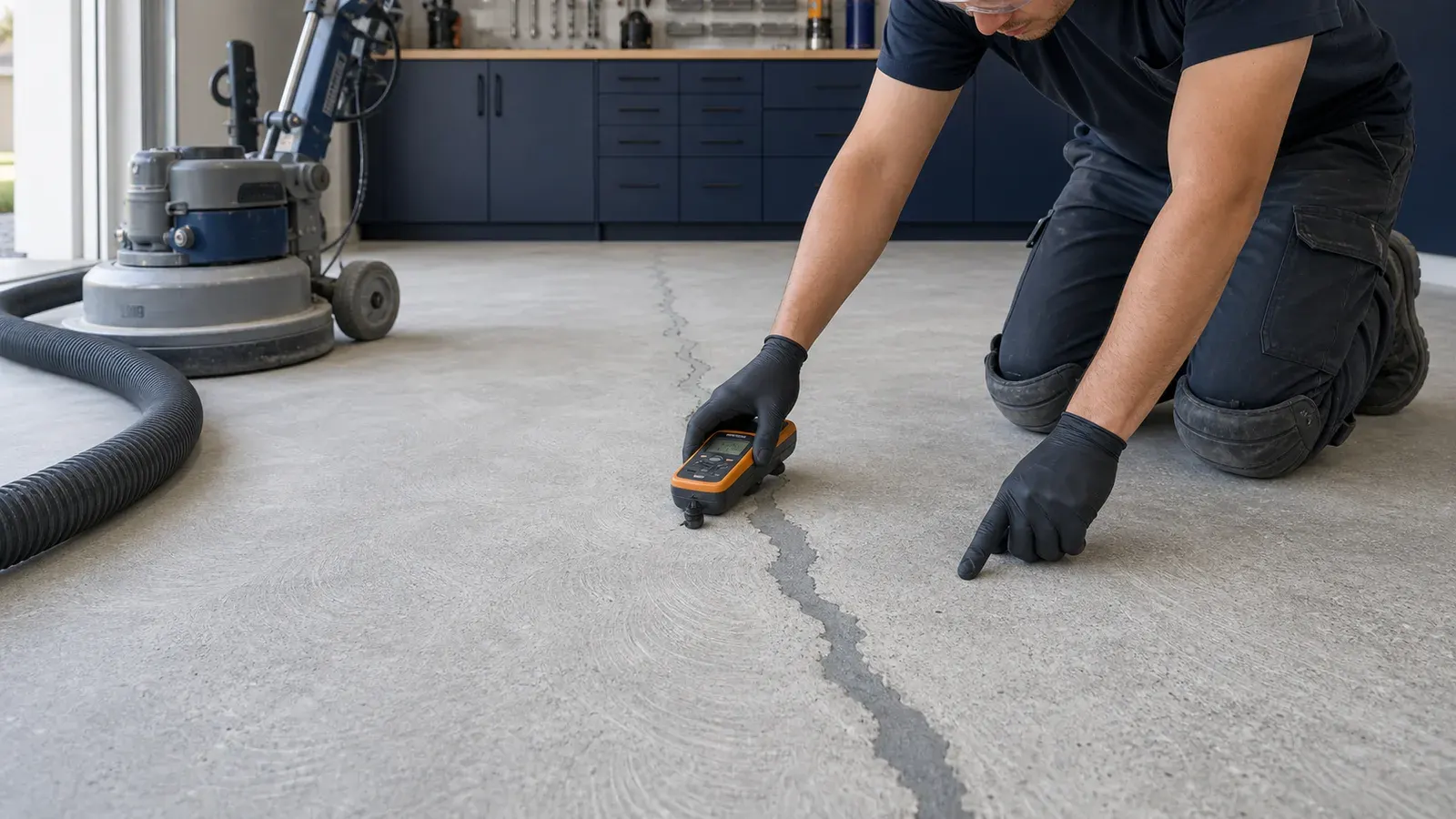 Educational illustration of a flooring technician evaluating slab moisture beside a repaired crack on diamond-ground concrete.