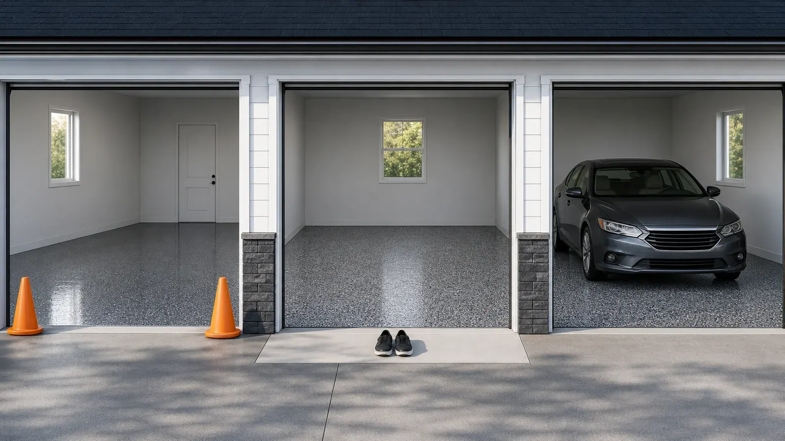 Three garage bays showing a protected fresh floor, a foot-traffic stage, and a later parked vehicle.