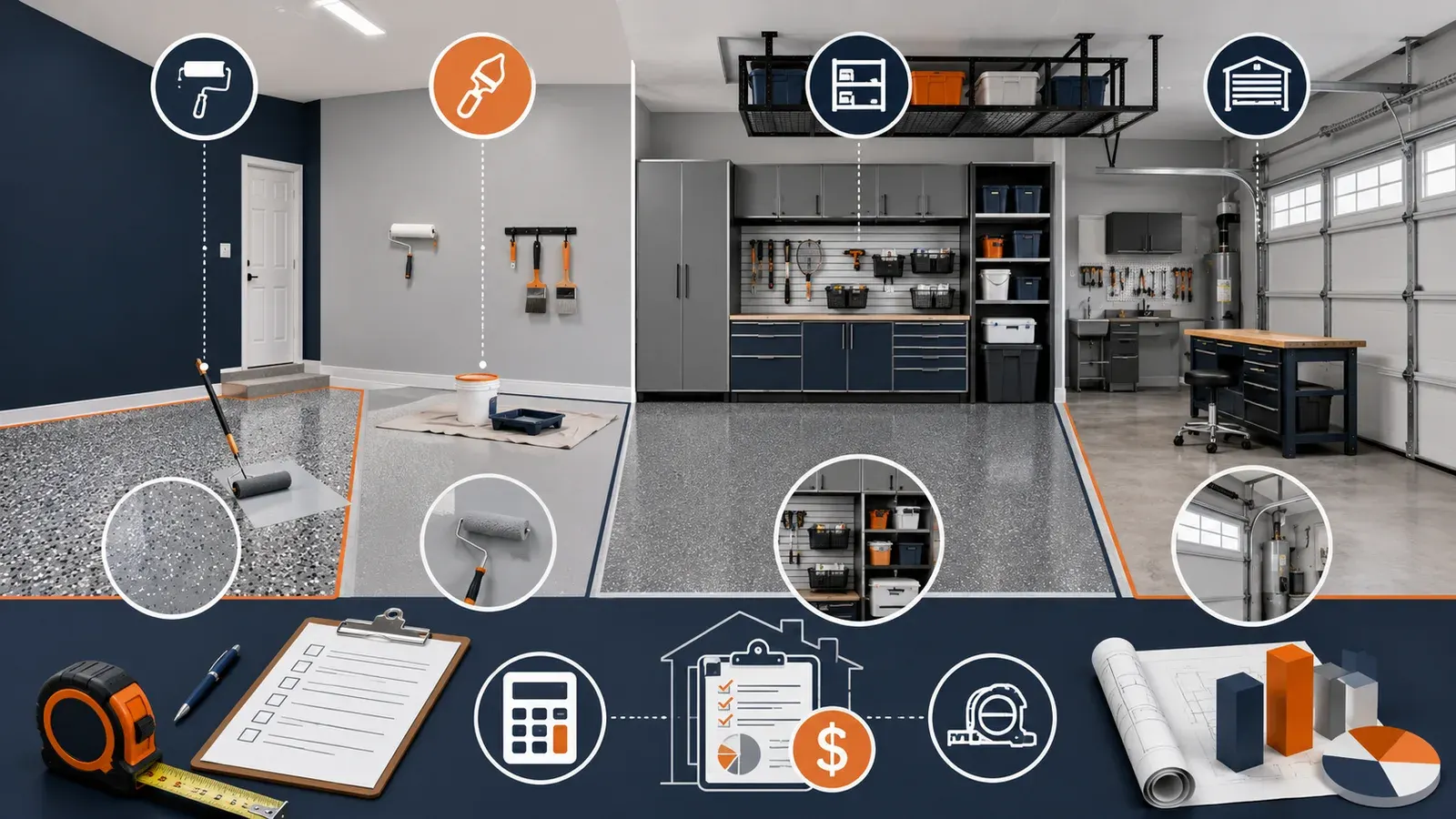 DFW garage remodel cost planning with floor coating, painting, storage, and garage door zones.