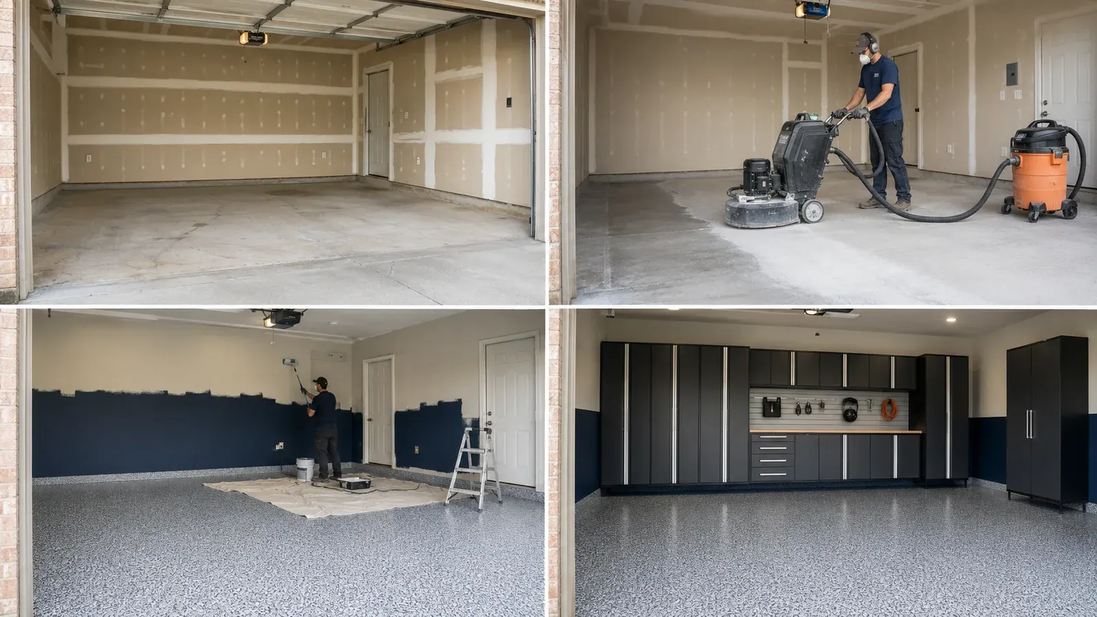 Garage remodel sequence showing the unfinished space, floor preparation, painting, and completed storage installation.