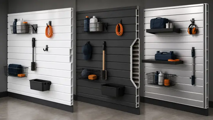 Three brand-neutral garage slatwall material sections comparing PVC, reinforced-core PVC, and aluminum construction.