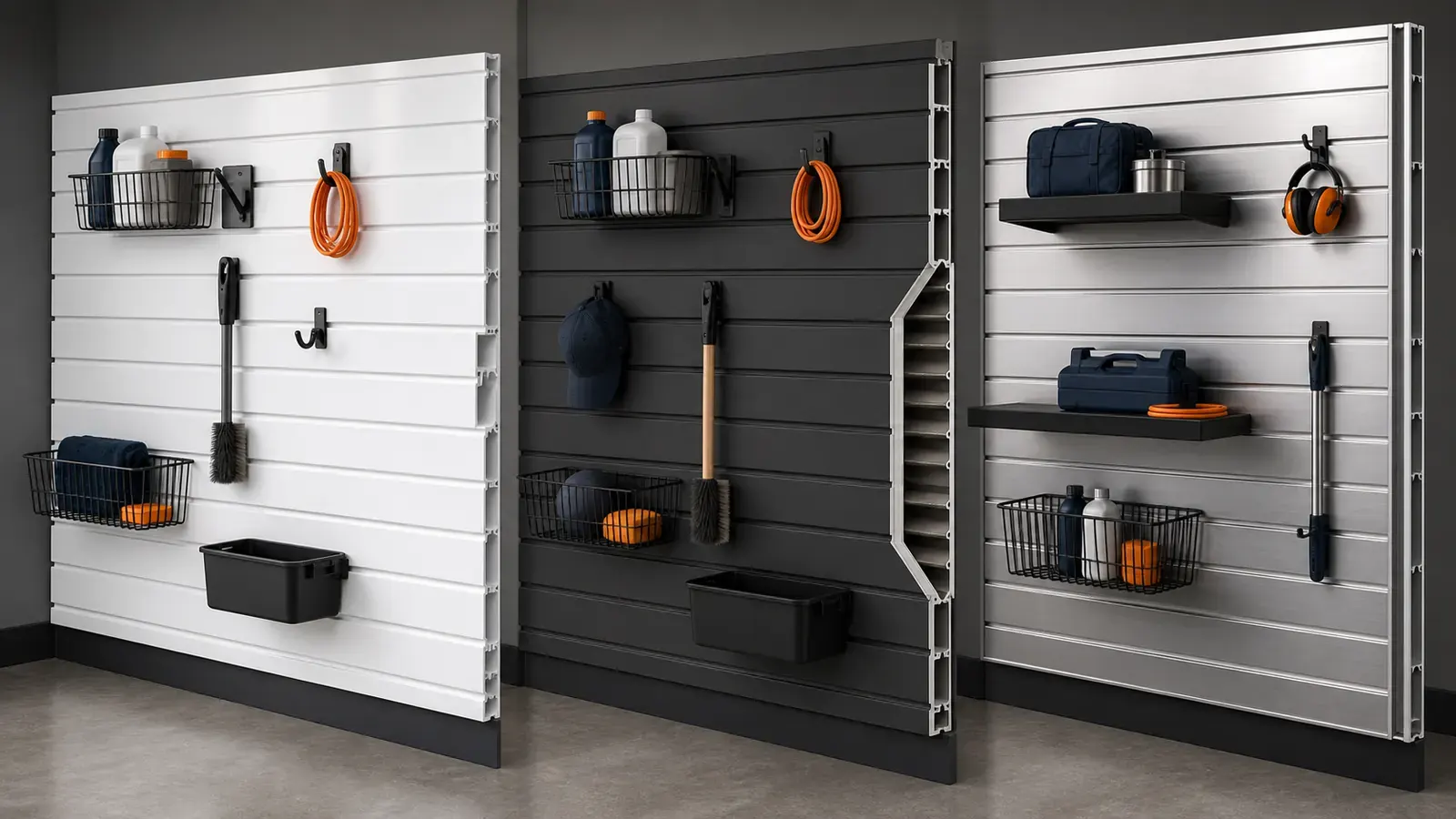 Three brand-neutral garage slatwall material sections comparing PVC, reinforced-core PVC, and aluminum construction.