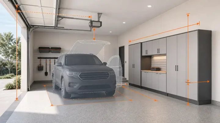 Architectural garage measuring illustration showing ceiling, door, opener, wall, cabinet, and vehicle clearances.