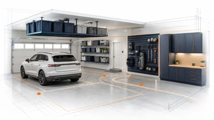 Garage storage planning illustration with overhead racks, wall shelves, slatwall, cabinets, and clear parking paths.