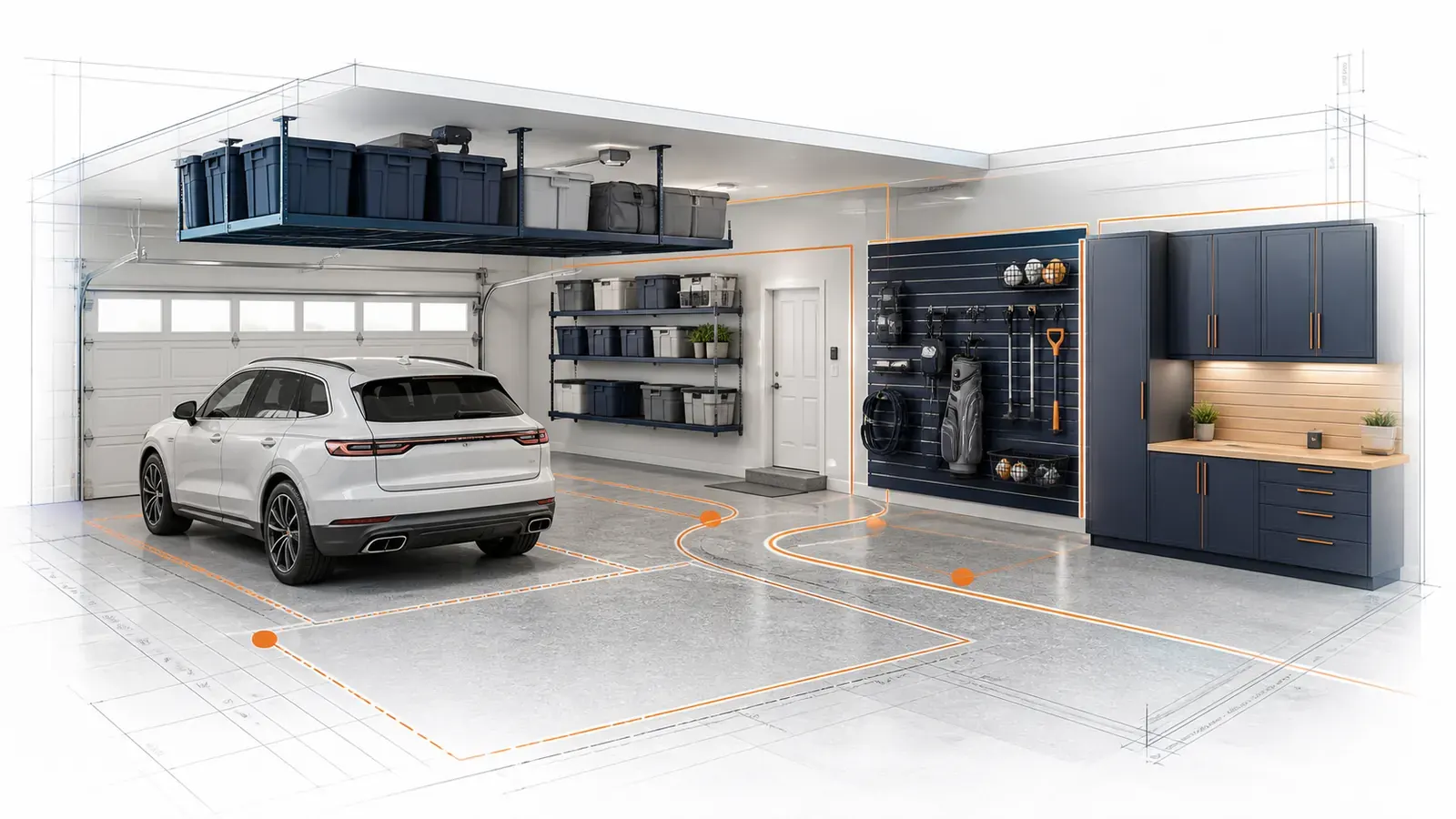 Garage storage planning illustration with overhead racks, wall shelves, slatwall, cabinets, and clear parking paths.