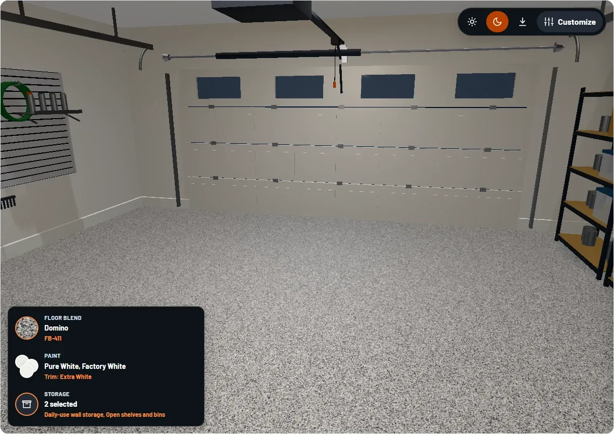 Current Ace Garage Pros 3D visualizer showing a Domino floor, white paint, slatwall, and shelves