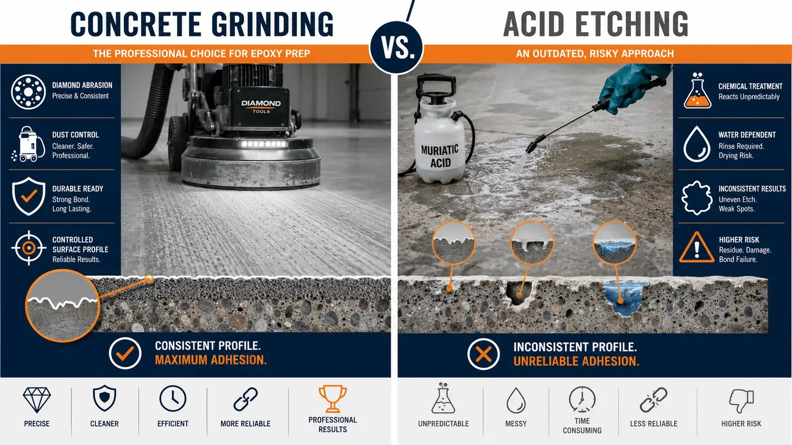 Concrete grinding compared with acid etching for garage floor coating preparation.