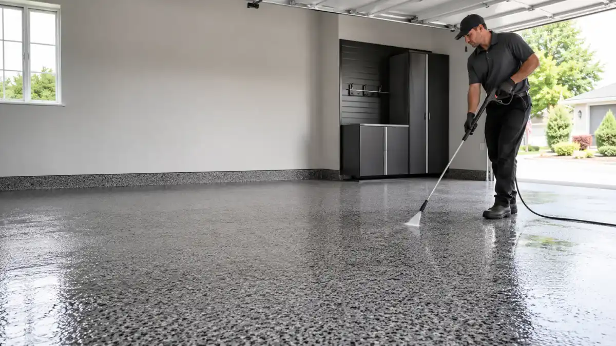 AI illustration of a technician using controlled pressure to clean a full-flake coated garage floor