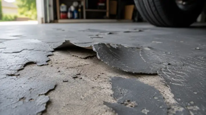 Peeling gray garage floor coating exposing concrete near a parked vehicle tire.