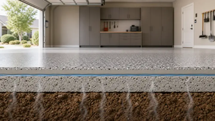 Garage floor cutaway showing a moisture barrier between concrete and a decorative coating system.