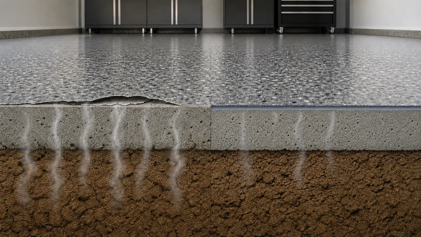 Garage slab comparison showing coating lift without a barrier and an intact coating over a barrier.