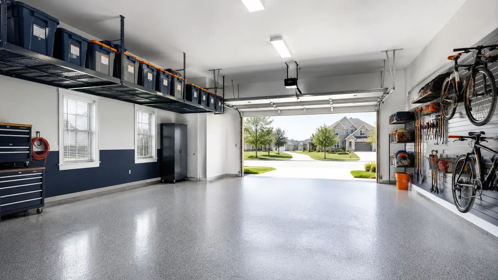 Finished garage with overhead storage racks and organized wall storage systems.