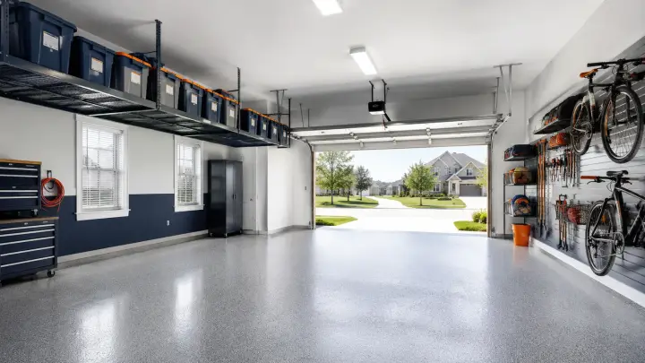 Finished garage with overhead storage racks and organized wall storage systems.