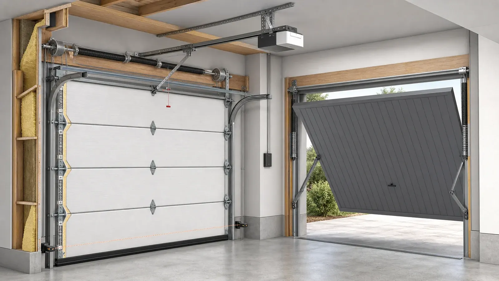 AI cutaway comparing a sectional residential garage door with a one-piece tilt-up door and their mechanical components.