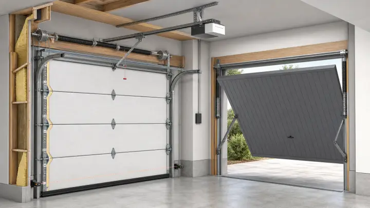 AI cutaway comparing a sectional residential garage door with a one-piece tilt-up door and their mechanical components.