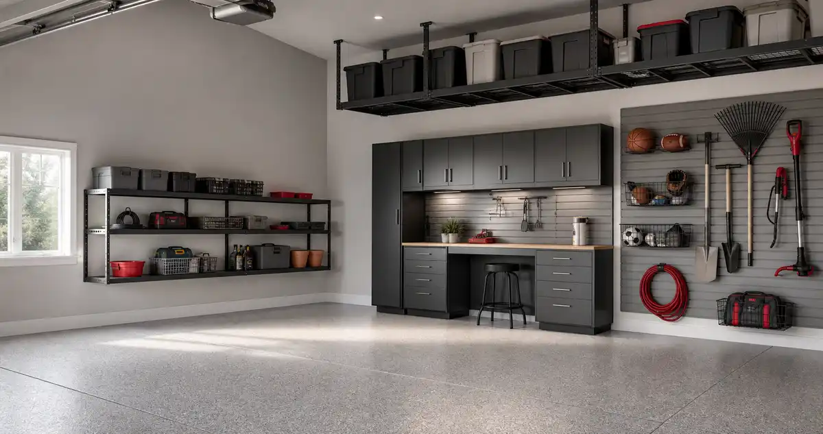 Brand-neutral planning visualization of overhead racks, wall shelves, cabinets, and slatwall