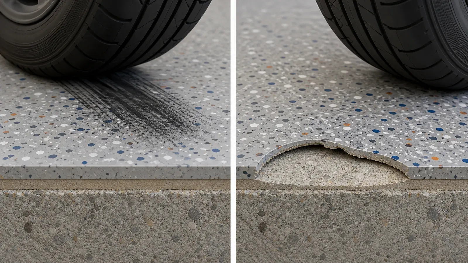 Intact tire transfer mark beside a lifted coating edge exposing concrete.