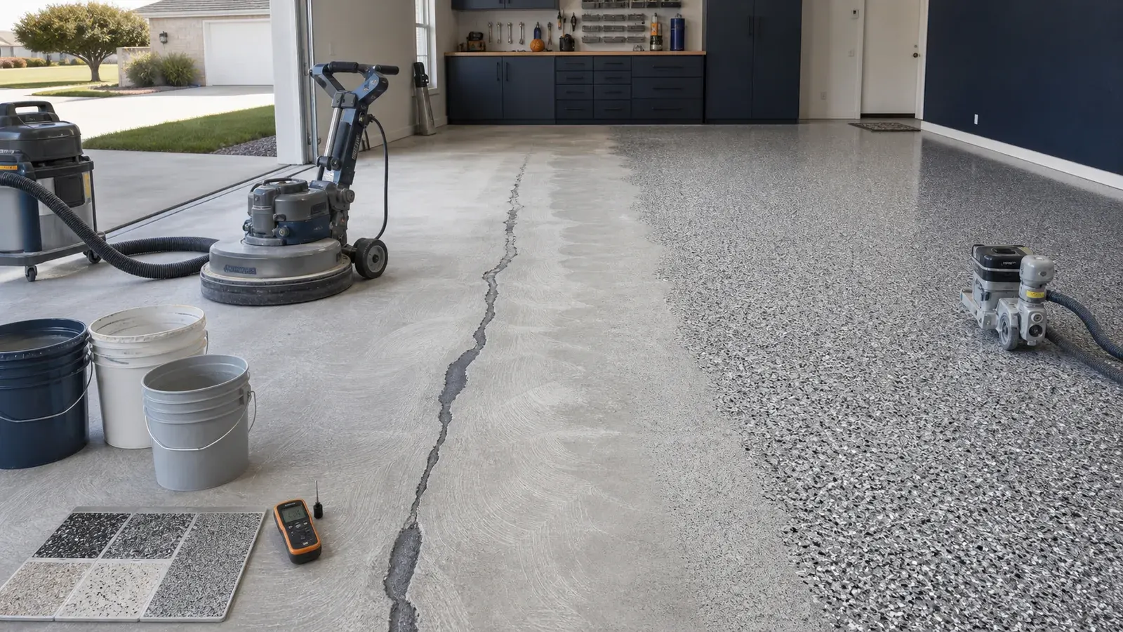Educational illustration of garage floor coating scope with concrete grinding, crack repair, moisture evaluation, flake samples, and a finished full-flake floor.