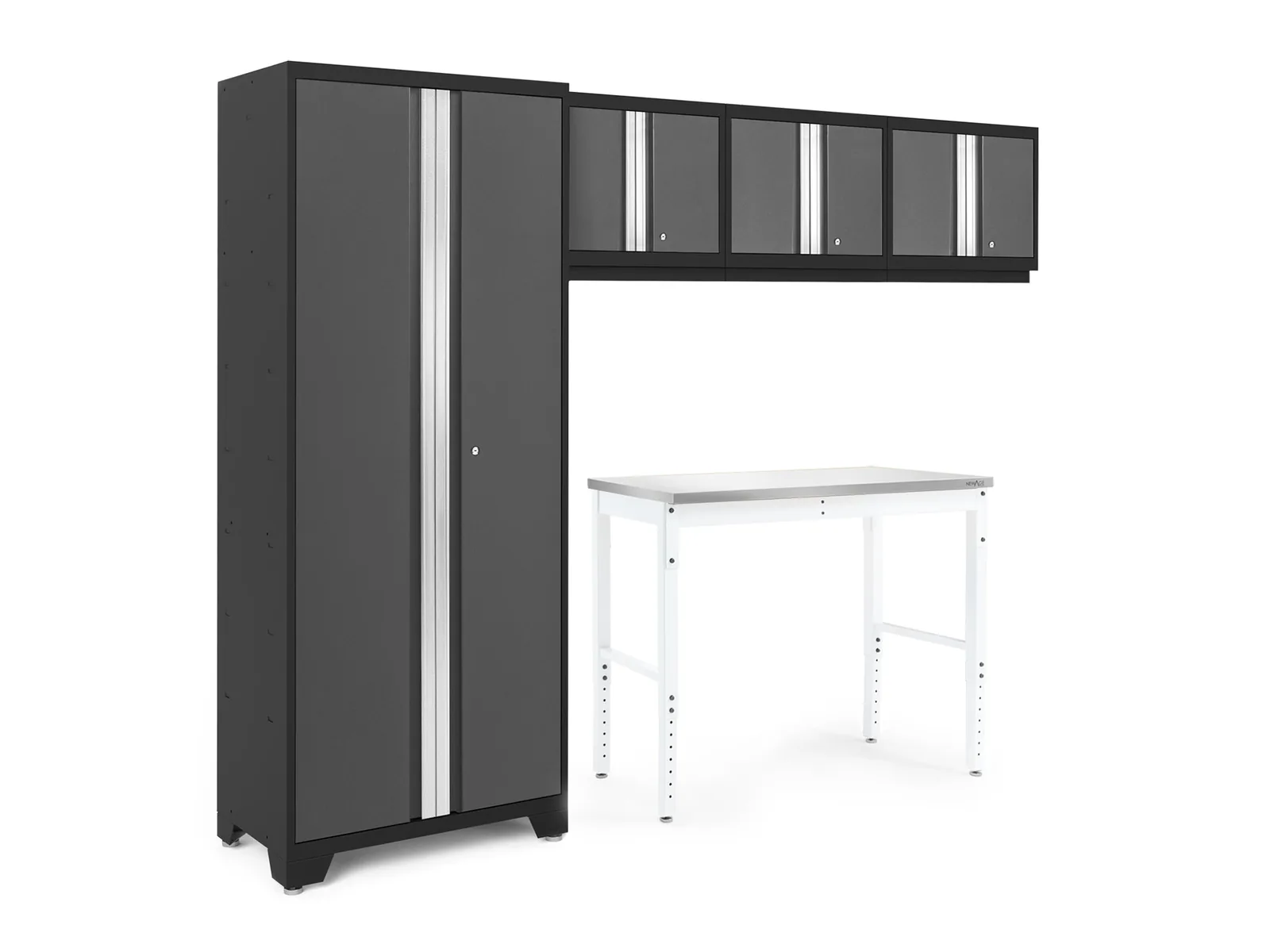 Compact gray and platinum cabinet set with a stainless-steel worktop and white bench frame