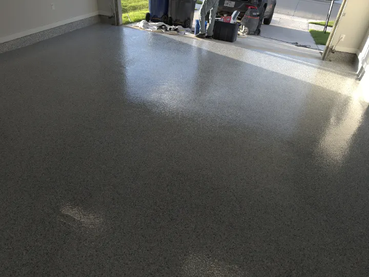 Garage floor coated with Domino flake epoxy