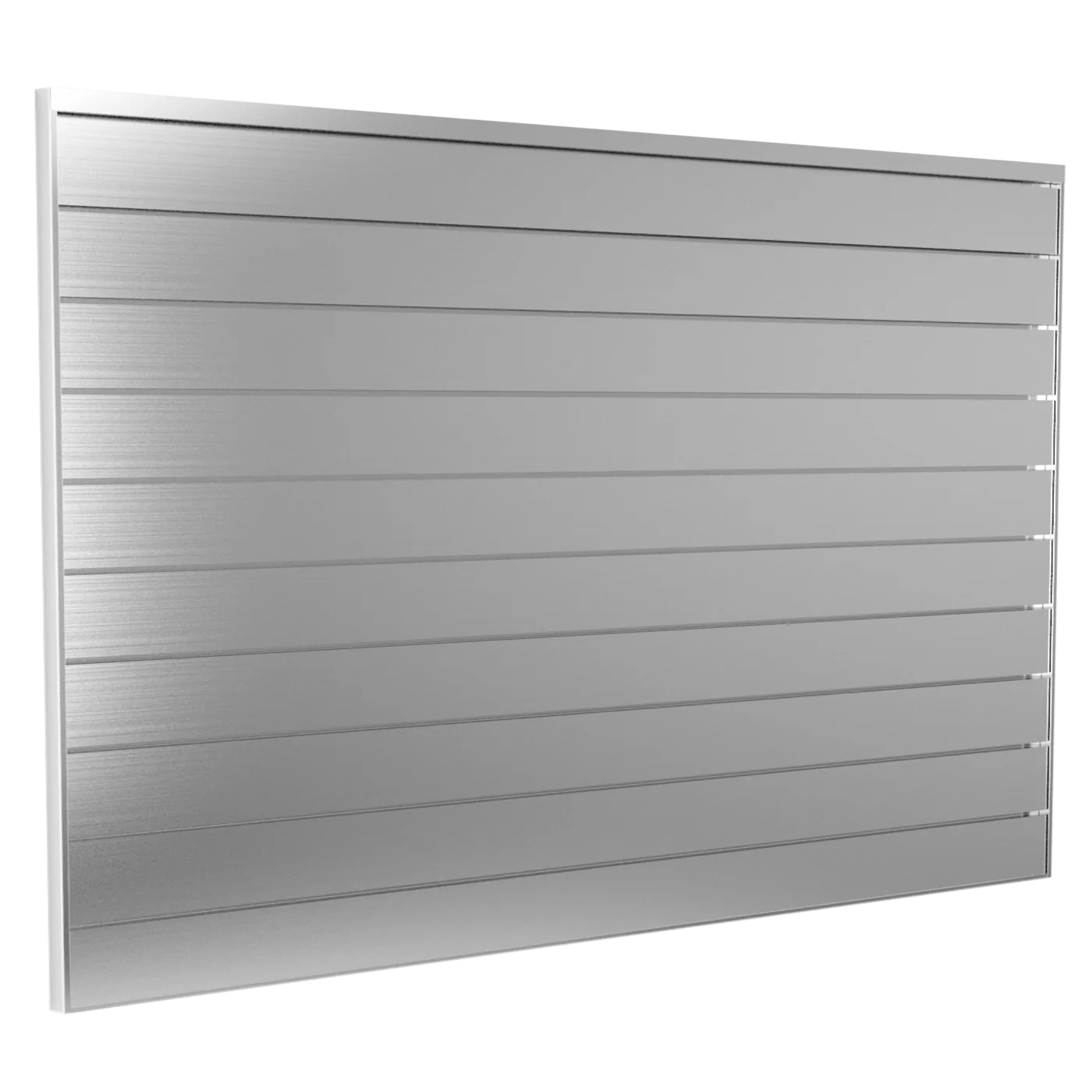 Brushed aluminum slatwall panel with horizontal accessory channels