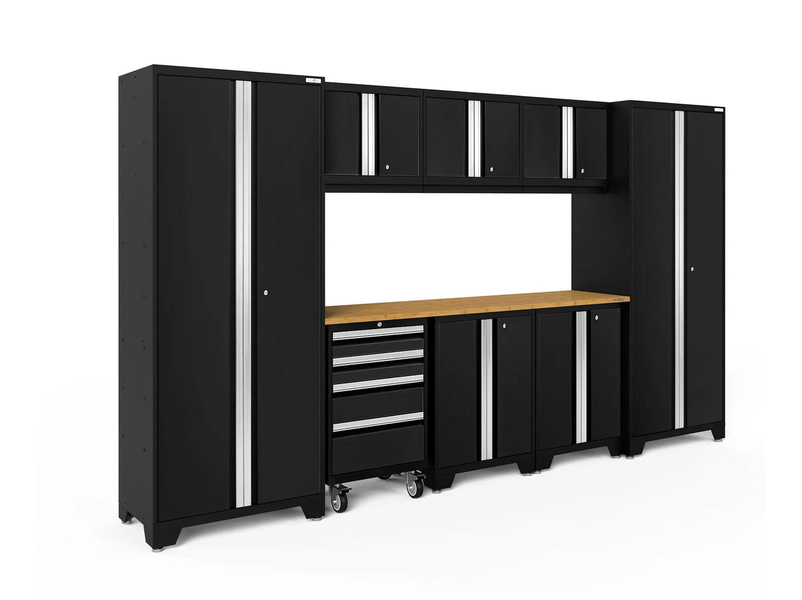 Black standard-depth nine-piece cabinet set with bamboo worktop