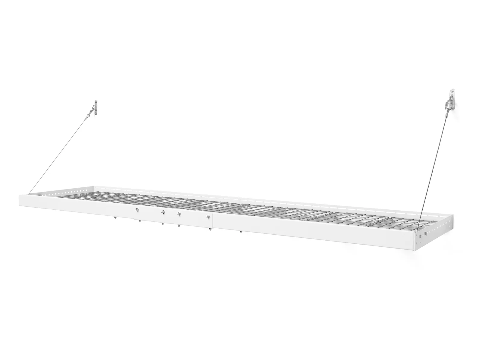White heavy-duty two-by-eight-foot wall shelf with wire decking and support cables