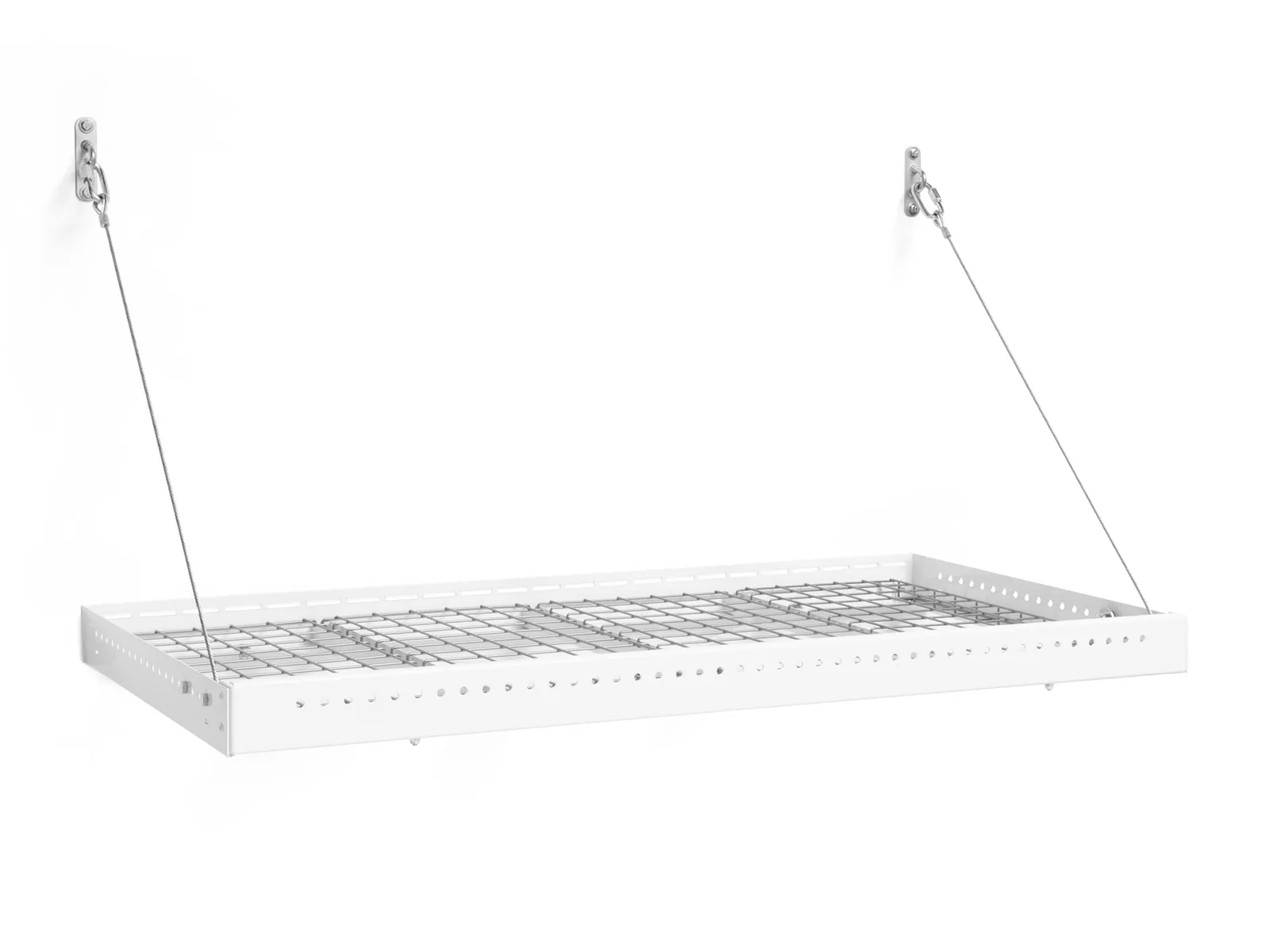 White heavy-duty two-by-four-foot wall shelf with wire decking and support cables