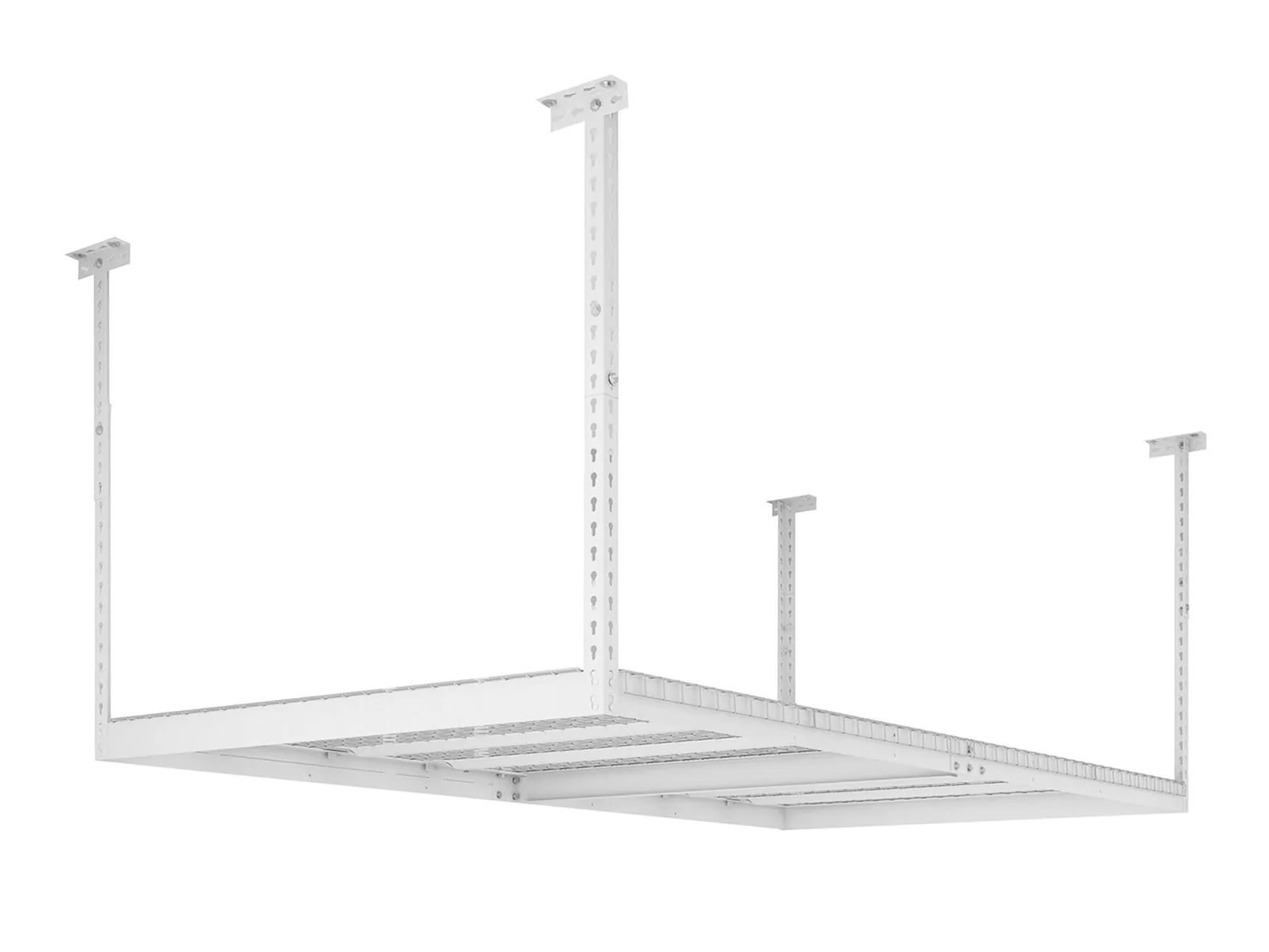 White adjustable overhead storage rack shown on a plain background