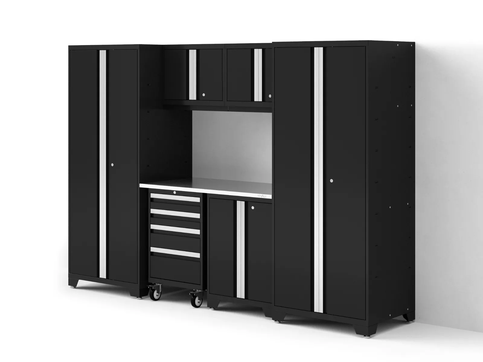 Black deep-storage seven-piece cabinet set with stainless-steel worktop