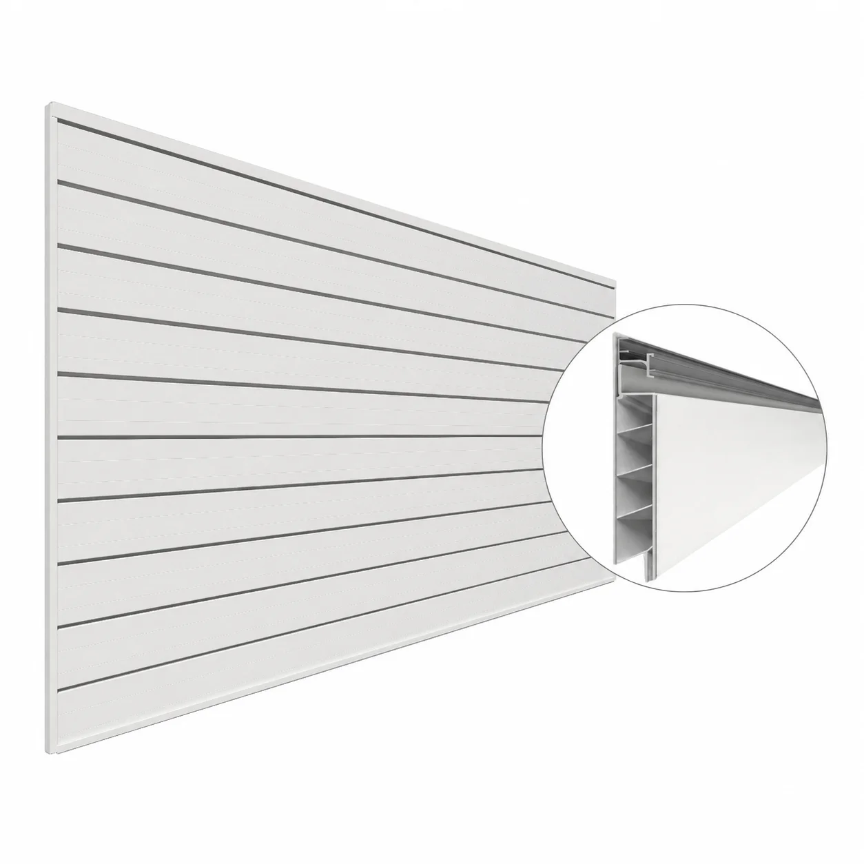 White reinforced-core slatwall panel with a construction cutaway