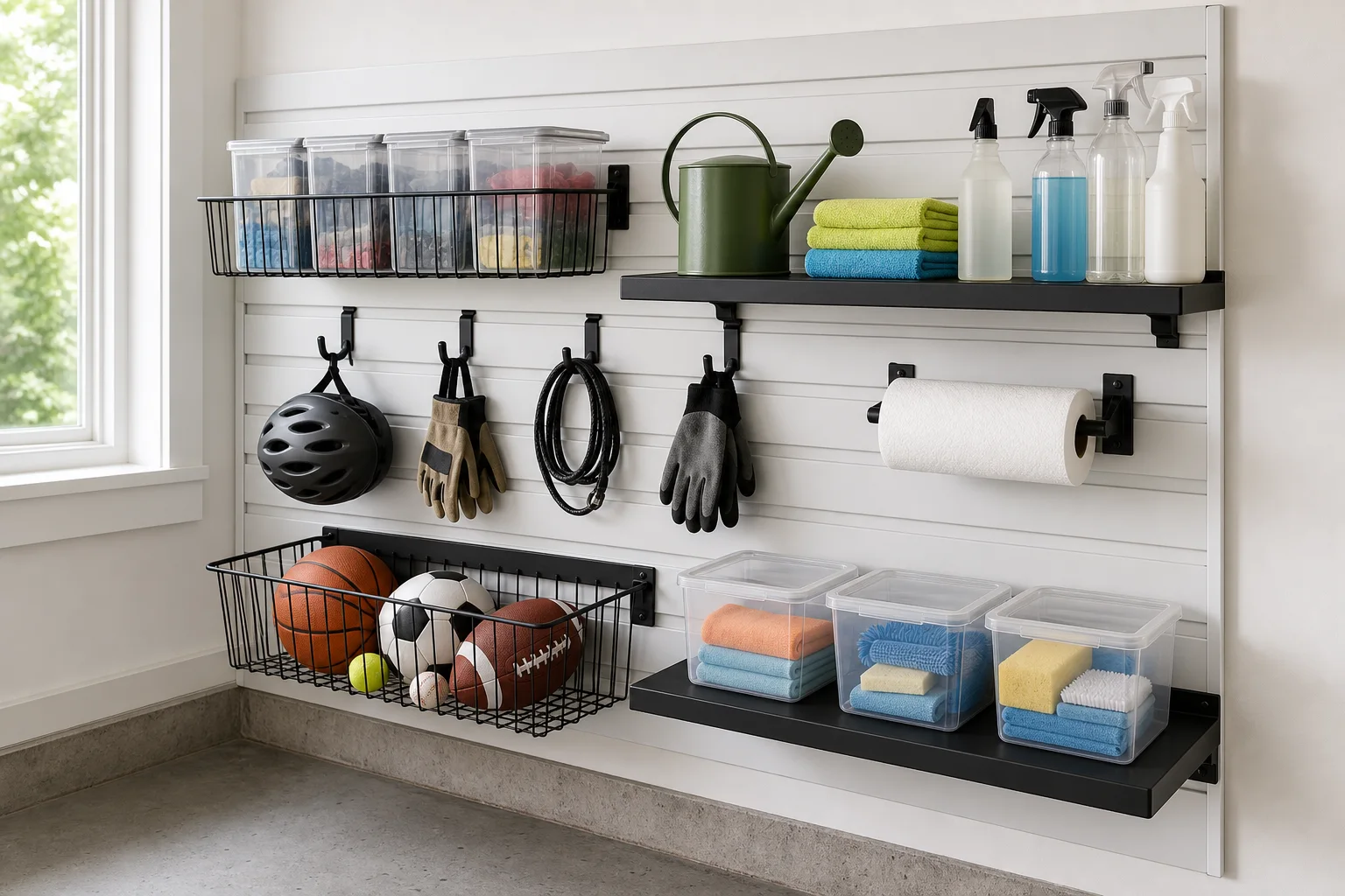 Unbranded slatwall storage zone with clear bins, shelves, hooks, and utility supplies